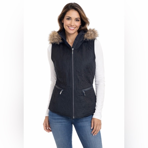 Coldwater Creek Jackets & Blazers - Coldwater Creek Black Quilted Vest with Faux Fur Hood Size M (10-12)